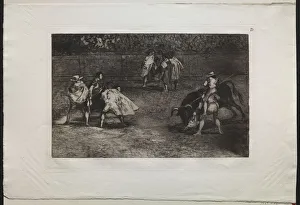 Bullfights: A Bullfighter Mounted on the Shoulders of an Assistant, Spearing a Bull, 1876