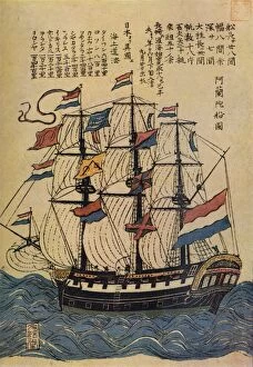 Tall Ship Gallery: A Bunkindo Colour-Print of a Dutch Ship with descriptive text, c1800, (1936)