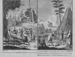 Rite Prints: Burial of a Laplander / A Laplander in a trance with a magical drum on his back before he forete Artist: Claude Dubosc