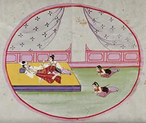 Burma Prints: Burma: two figures reclining on a bed in a palace