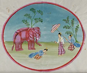 Burma Prints: Burma: a lady attended by a servant bringing an elephant and another