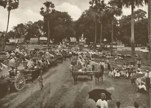Burmese Funeral. - Procession of Carts with Offerings, 1900. Creator: Unknown Burmese Funeral. - Procession of Carts with Offerings, 1900. Creator: Unknown