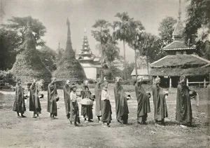 Rowe And Co Prints: Burmese Phoongyies Collecting Alms, 1900. Creator: Unknown
