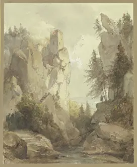 Burning Prints: A burning castle on a rock, mid-late 19th century. Creator: Caspar Scheuren
