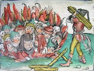 Jewish Life Prints: Burning of the Jews at Deggendorf in 1338 (from the Schedels Chronicle of the World), 1493
