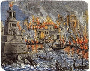 Ptolemy I Gallery: The Burning of the Library of Alexandria, 1876. Artist: Anonymous