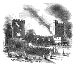 Cumbria Prints: Burning of Naworth Castle - from a drawing made on the spot, 1844. Creator: Unknown