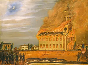 Protestantism Gallery: Burning of Old South Church, Bath, Maine, c. 1854. Creator: John Hilling