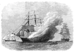 Burning of the Omar Pacha, Australian ship, homeward bound, 1869. Creator: Unknown