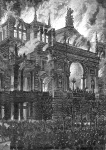 Deaths Prints: Burning of the Ring Theatre at Vienna drawn by J