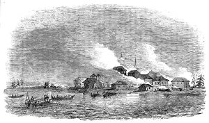 Bombarding Prints: Burning of the town of Novitska, in the White Sea, 1854. Creator: Unknown
