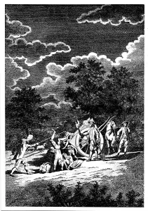 Burying Prints: Burying victims of the Plague of London at night in multiple graves, 1665