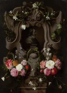 Draftsman Prints: Bust of Constantijn Huygens Surrounded by a Garland of Flowers (1596-1687)