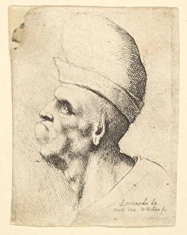 Da Vinci Leonardo Prints: Bust of a deformed man wearing a bulbous hat in profile to the left, 1625-77