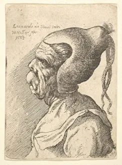 Da Vinci Leonardo Prints: Bust of a deformed woman with conical hat and two dangling plaits in profile to left