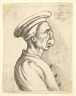 Da Vinci Leonardo Collection: Bust of a man with a flat nose and protruding mouth, wearing flat cap