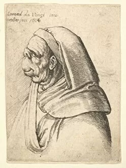 Da Vinci Leonardo Collection: Bust of a man with a small turned-up nose and very high upper lip, wearing hood