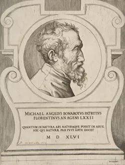 Painter Gallery: Bust portrait of Michelangelo facing right, set within a cartouche. 1546