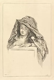 Antoine Watteau Collection: Bust Portrait of a Woman wearing a Hooded Mantle, 18th century. Creator: Francois Boucher