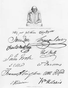 Bust of Shakespeare and signatures of celebrated actors, (1840)