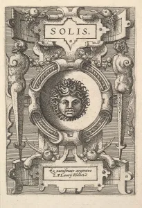 Galle Prints: Bust of Sol surrounded by strapwork, from the series Deorum dearumque