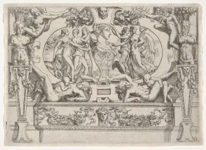 Bust of a woman flanked by three women on each side, set within an elaborate frame, ca