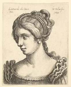 Da Vinci Leonardo Prints: Bust of a woman looking downwards towards left with elaborately decorated hair, 1648