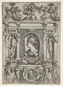 Bust of a woman in profile facing left, set in an elaborate frame with figures in n