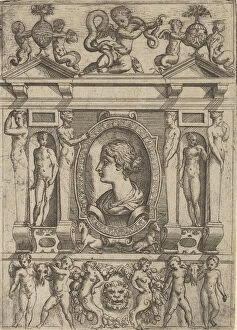 Bust of a woman in profile facing left, set in an elaborate frame with figures in n