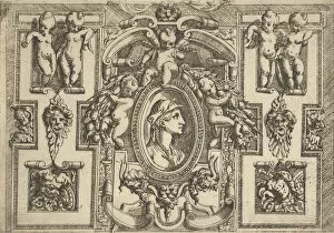 Bust of a woman in profile facing right, set within an elaborate frame with putti
