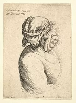 Da Vinci Leonardo Collection: Bust of woman with protruding mouth wearing low-cut dress and cloth bound around her head