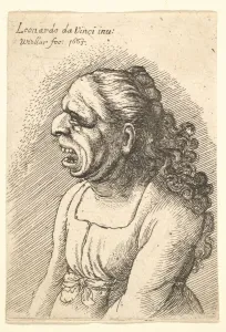 Da Vinci Leonardo Prints: Bust of woman with wide-open mouth and long curly hair falling over her shoulders