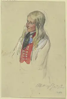Fair Prints: Bust of a young blonde peasant woman in a red vest and white skirt