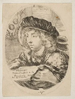 Henriet Prints: A bust of a young man wearing a cap with feathers, turned three-quarters to the left