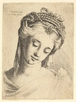 Ludovico Prints: Bust of a young woman with elaborate headdress, looking down. 1625-77