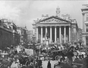 Raithby Prints: A Busy Corner - The Royal Exchange and Bank of England, 1909. Creator: Francis Frith & Co