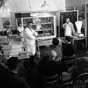 Butcher from Danish Bacon giving a demonstration, Kilnhurst, South Yorkshire, 1961