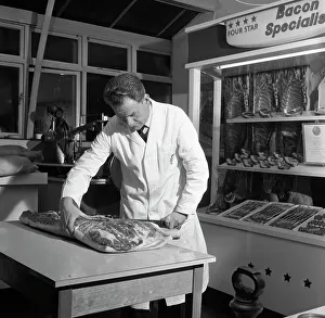 Food Industry Prints: Butcher from Danish Bacon giving a demonstration, Kilnhurst, South Yorkshire, 1961