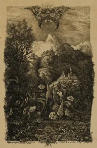 Etching Transfer Prints: The Butterfly and the Pond, 1868. Creator: Rodolphe Bresdin