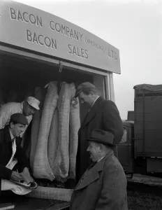 Buying wholesale meat from a Danish Bacon Company lorry, Barnsley, South Yorkshire, 1961