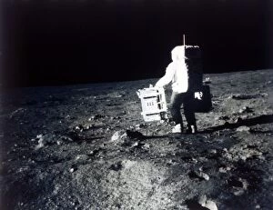 Buzz Gallery: Buzz Aldrin carries out an experiment on the lunar surface, Apollo II mission, July 1969