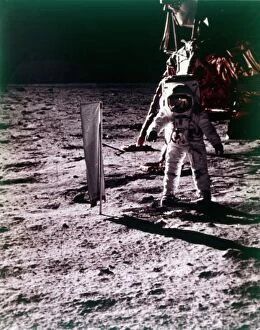 Lunar Collection: Buzz Aldrin deploys solar wind collector on the surface of the Moon, Apollo 11 mission, July 1969