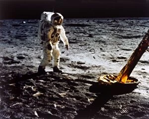 Edwin Eugene Aldrin Jr Gallery: Buzz Aldrin by the leg of the Lunar Module, Apollo II mission, July 1969. Creator: Neil Armstrong