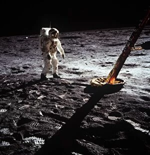 Buzz Aldrin Gallery: Buzz Aldrin by the leg of the Lunar Module, Apollo II mission, July 1969