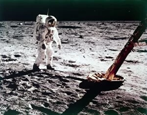 Edwin Eugene Aldrin Jr Gallery: Buzz Aldrin near the leg of the Lunar Module on the Moon, Apollo 11 mission, July 1969