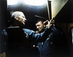 Buzz Aldrin Gallery: Buzz Aldrin and Neil Armstrong in quarantine, Apollo 11 mission, July 1969. Creator: NASA