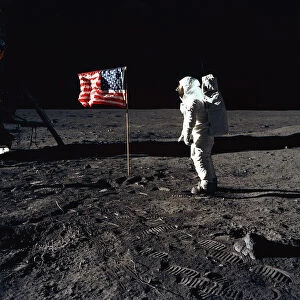 Buzz Aldrin Gallery: Buzz Aldrin and the U.S. Flag on the Moon, 1969. Creator: Neil Armstrong