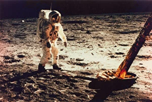 Aldrin Gallery: Buzz Aldrin Walking on the Surface of the Moon Near a Leg of the Lunar Module, 1969
