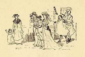 Bystanders watch as John Gilpin gallops past, 1878, (c1918). Creator: Randolph Caldecott