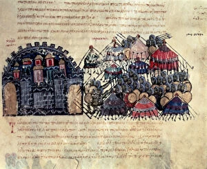 Confrontation Gallery: Byzantine besieging Messina, miniature in Scylitzes Matritensis, (facsimile edition